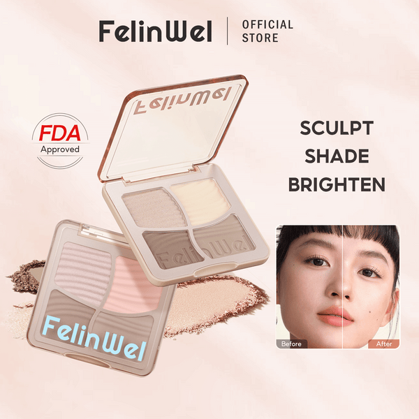 FelinWel 4 Farben Highlighter Contour Palette Makeup 3D Bronzer Matte Contour Powder