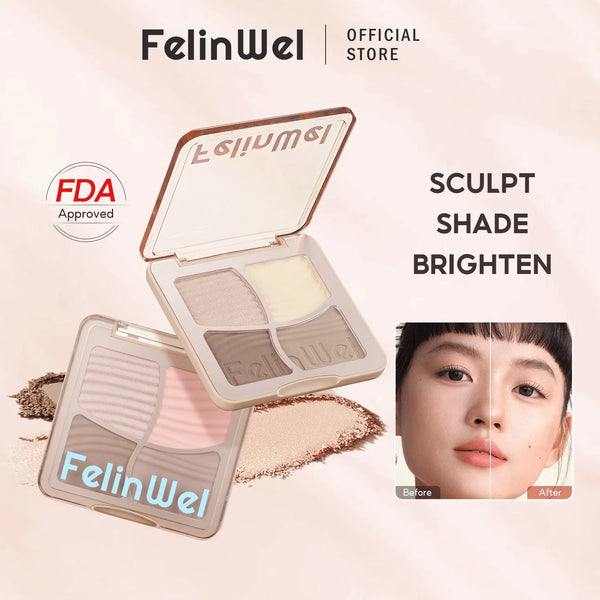FelinWel 4 Farben Highlighter Contour Palette Makeup 3D Bronzer Matte Contour Powder