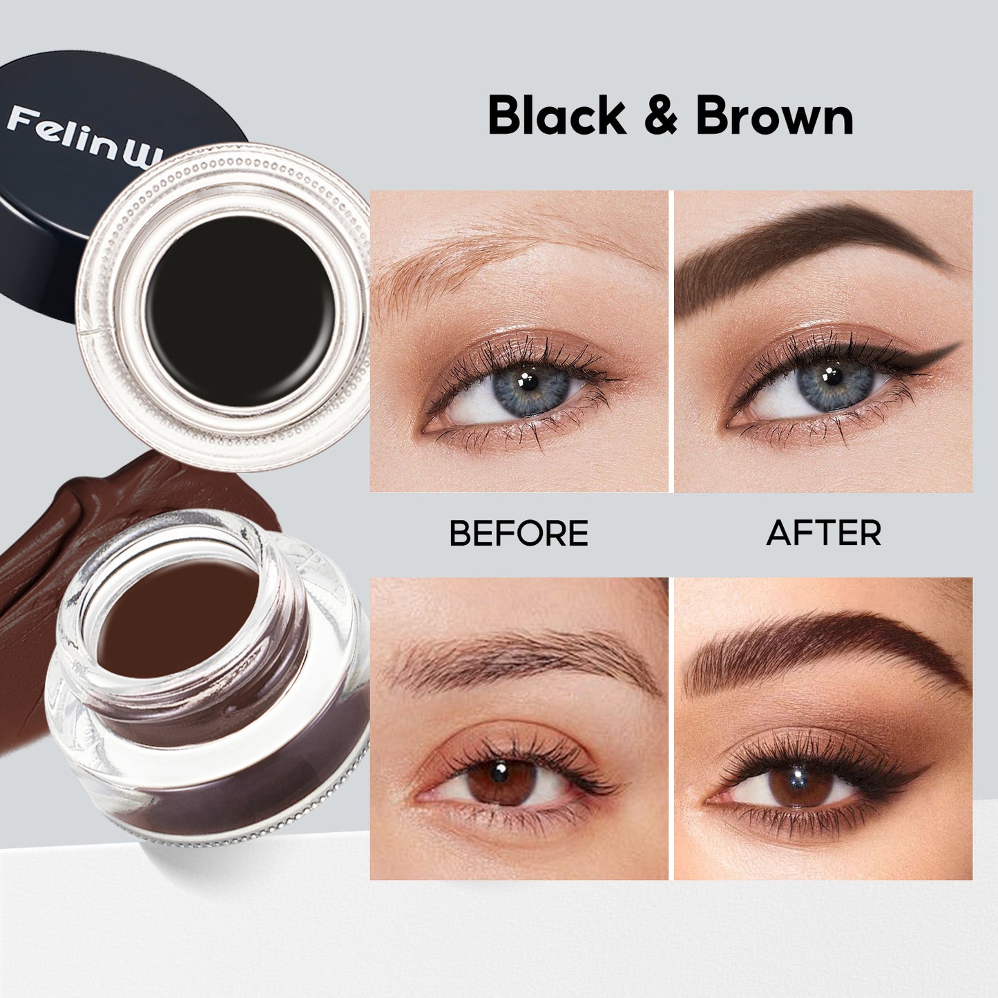 FelinWel 2-Farben-Gel-Eyeliner- und Augenbrauen-Set mit 2 Pinseln, wasserfest, wischfest