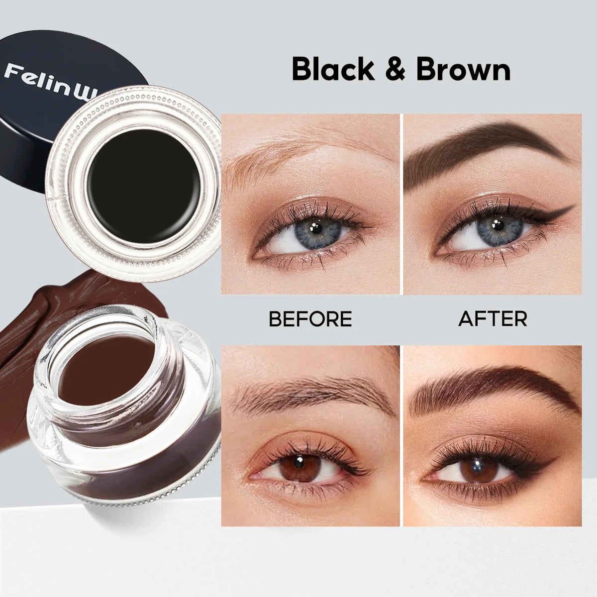 FelinWel 2-Farben-Gel-Eyeliner- und Augenbrauen-Set mit 2 Pinseln, wasserfest, wischfest