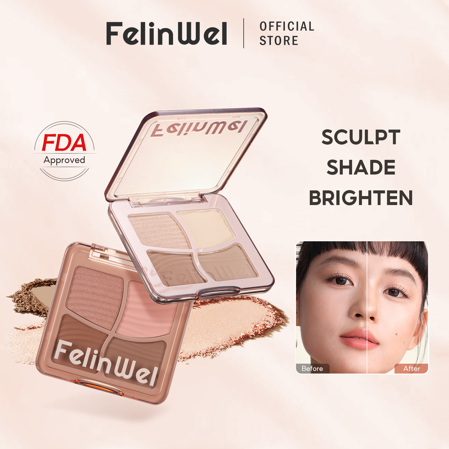FelinWel 4 Farben Highlighter Contour Palette Makeup 3D Bronzer Matte Contour Powder