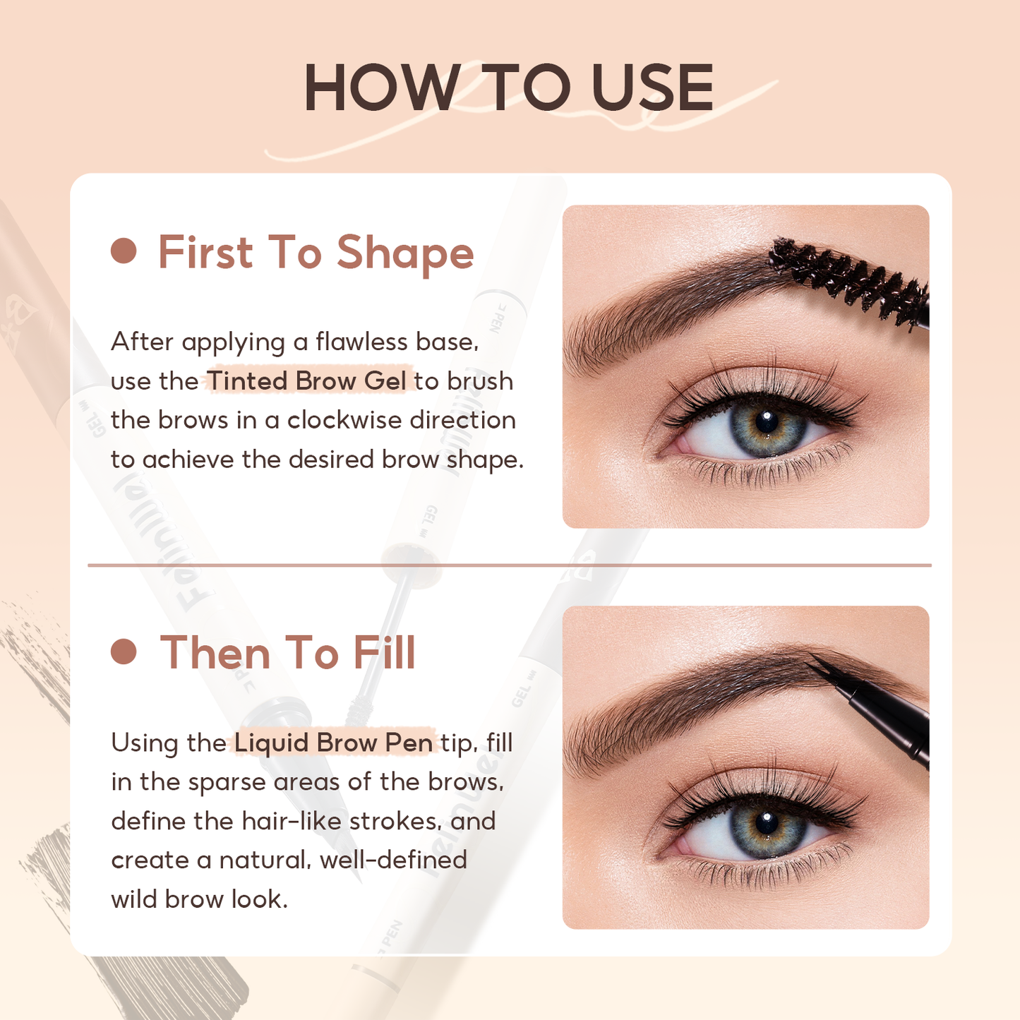 FelinWel Dual-Ended Brow Pen & Mascara - Waterproof Eyebrow Pencil with 2-Fork Tip & Tinted Brow Gel for Fuller Brows