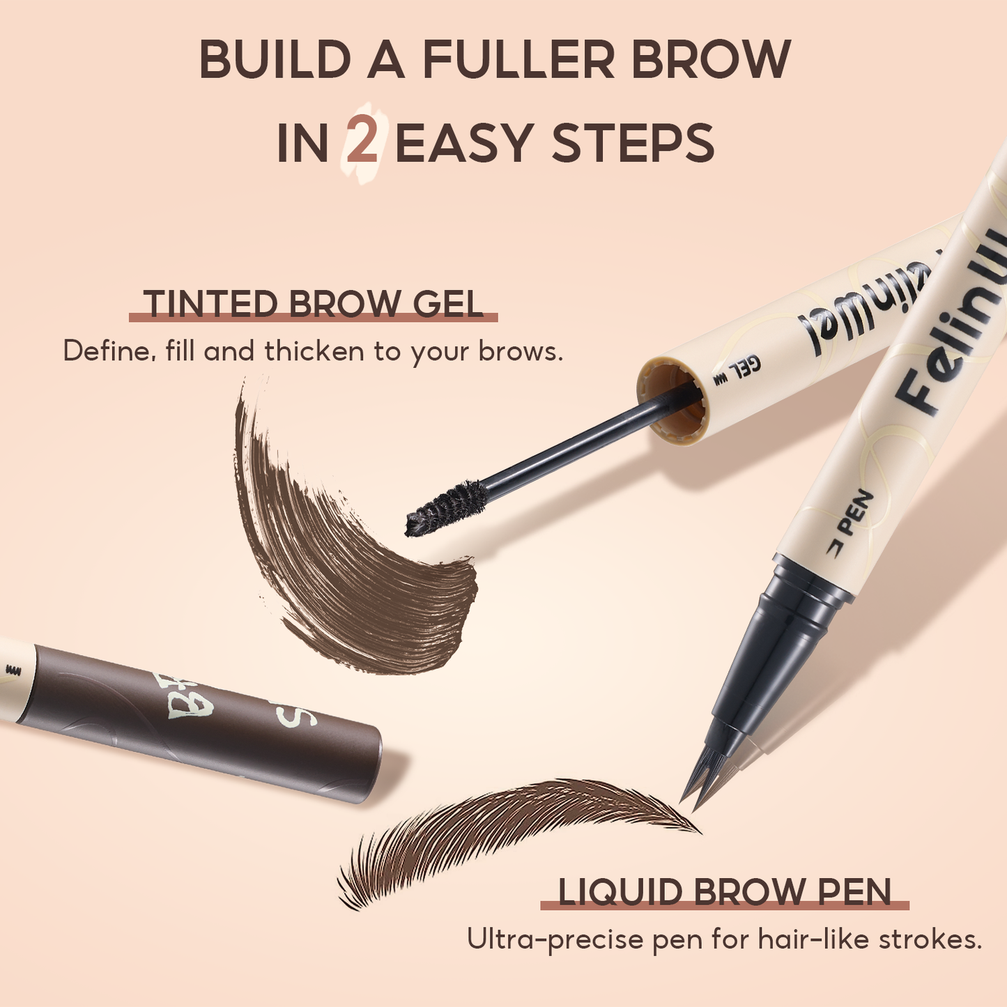 FelinWel Dual-Ended Brow Pen & Mascara - Waterproof Eyebrow Pencil with 2-Fork Tip & Tinted Brow Gel for Fuller Brows