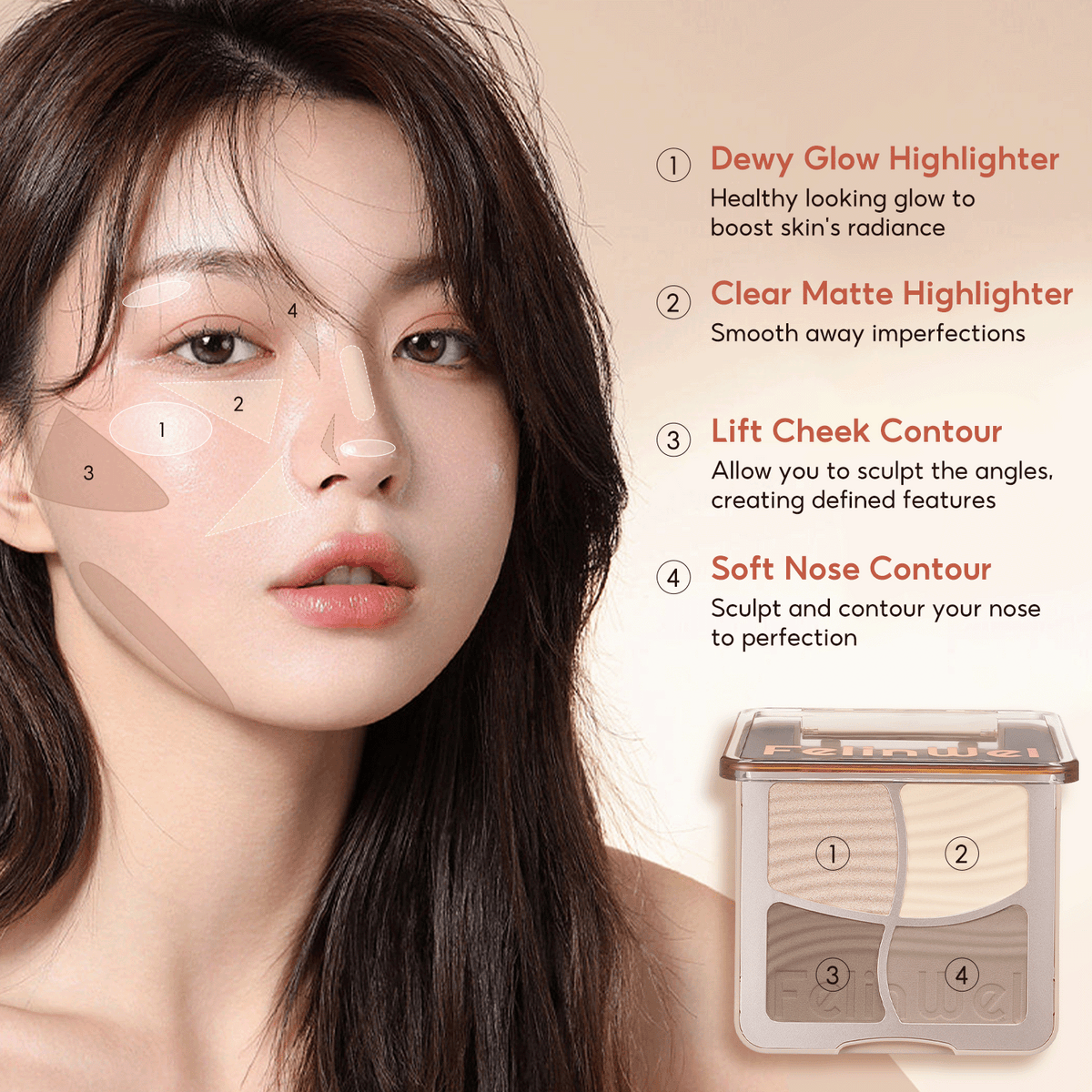 FelinWel 4 Farben Highlighter Contour Palette Makeup 3D Bronzer Matte Contour Powder