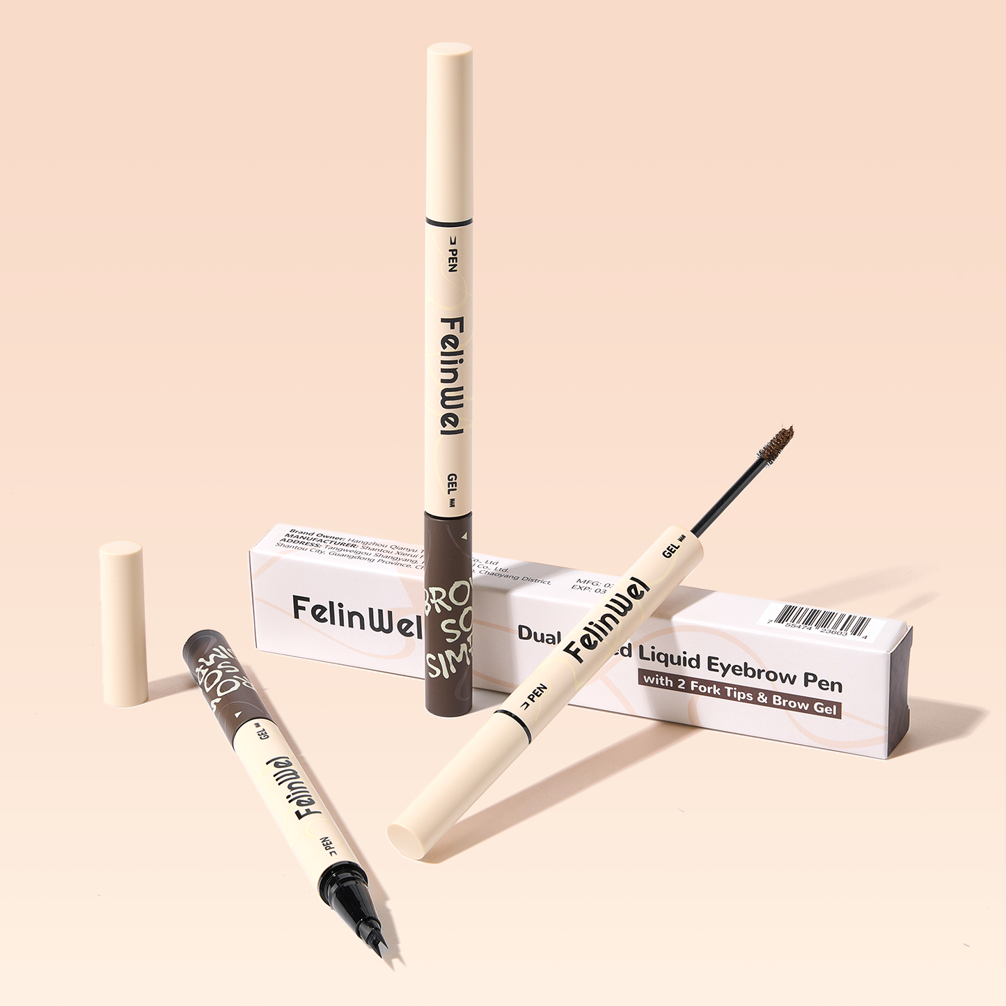 FelinWel Dual-Ended Brow Pen & Mascara - Waterproof Eyebrow Pencil with 2-Fork Tip & Tinted Brow Gel for Fuller Brows