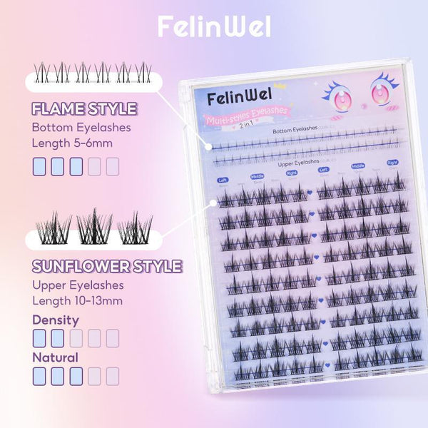 FelinWel Sunflower & Flame Cluster Lashes – Upper & Lower for All Eye Shapes