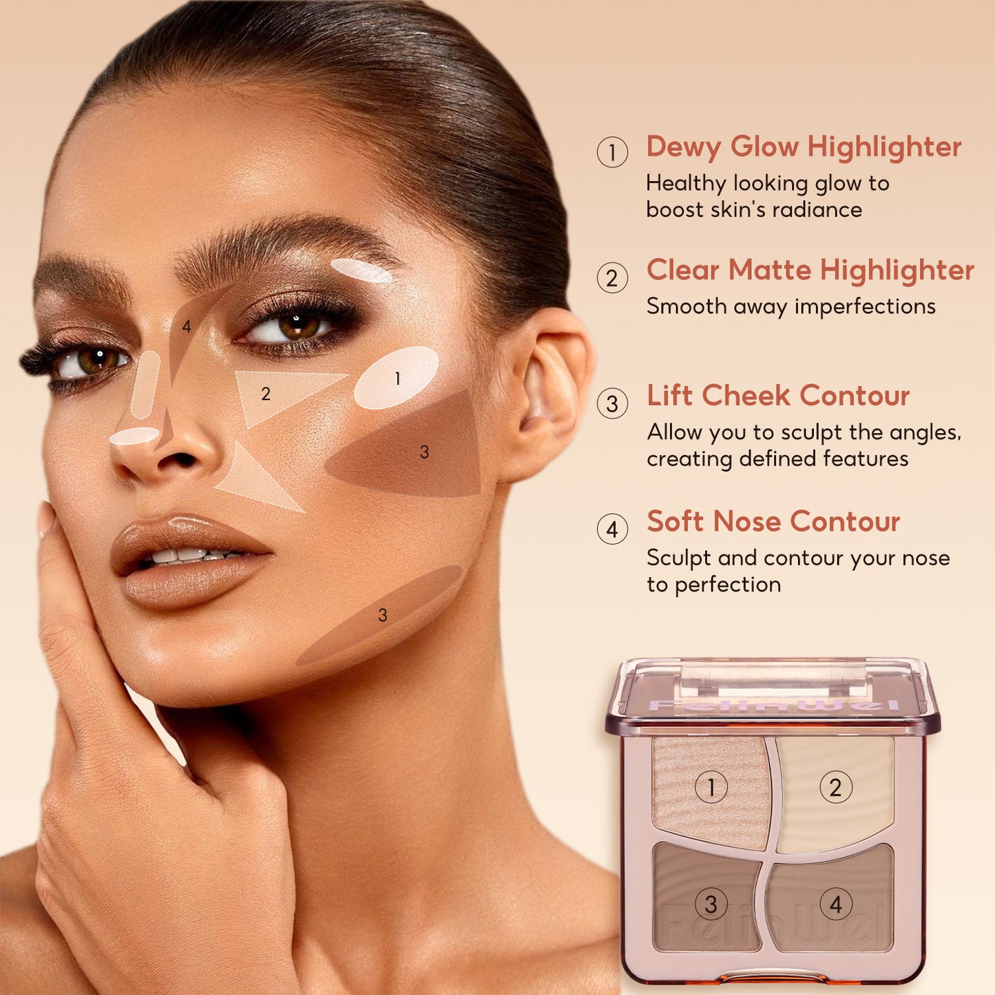 FelinWel 4 Farben Highlighter Contour Palette Makeup 3D Bronzer Matte Contour Powder