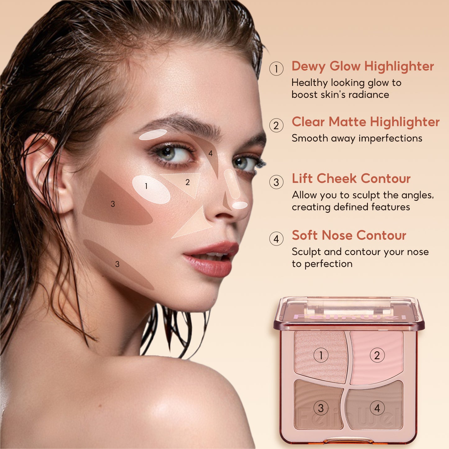 FelinWel 4 Farben Highlighter Contour Palette Makeup 3D Bronzer Matte Contour Powder