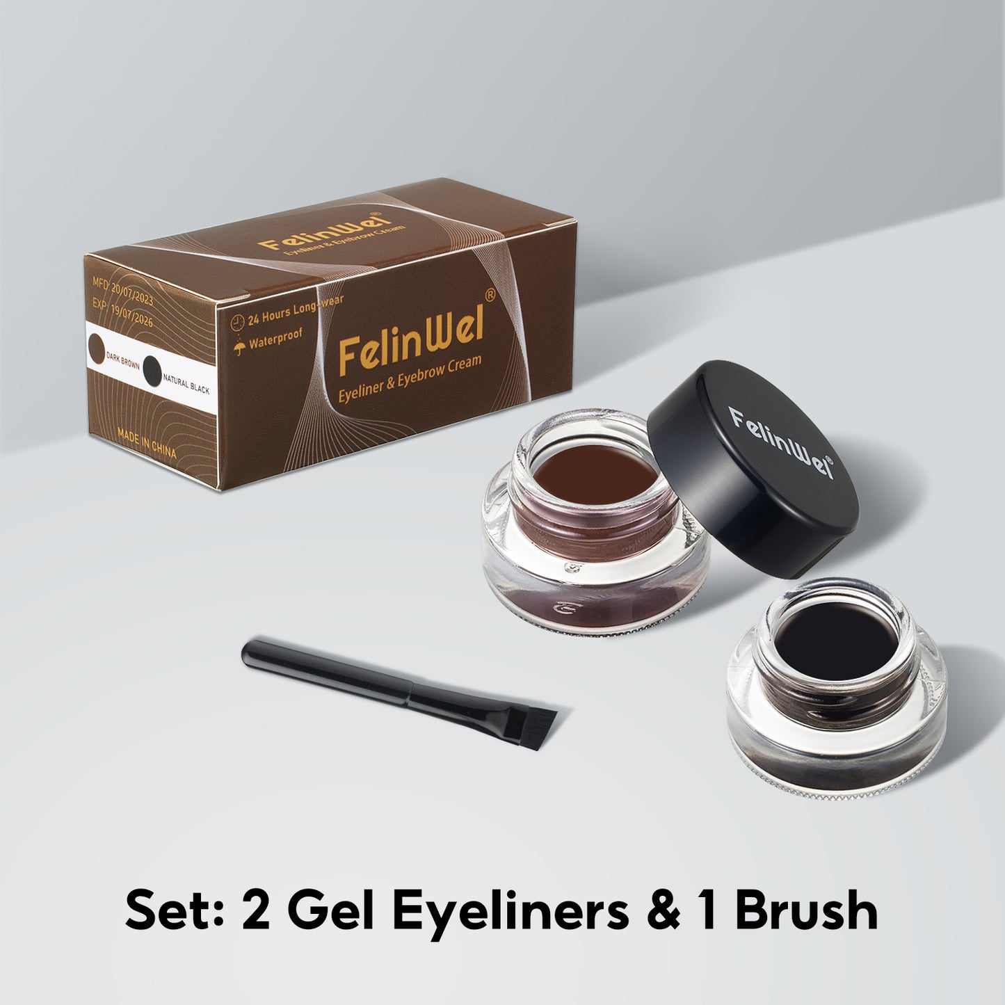 FelinWel 2-Farben-Gel-Eyeliner- und Augenbrauen-Set mit 2 Pinseln, wasserfest, wischfest