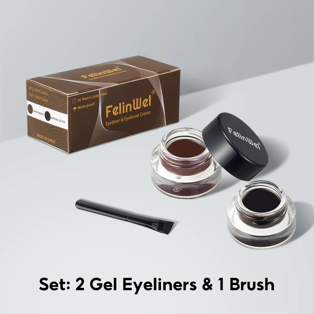 FelinWel 2-Farben-Gel-Eyeliner- und Augenbrauen-Set mit 2 Pinseln, wasserfest, wischfest