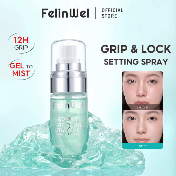 FelinWel Lock & Grip Makeup Setting Spray bottle resting on jelly texture, with gel-to-mist and 12-hour grip claims and a before-and-after face comparison