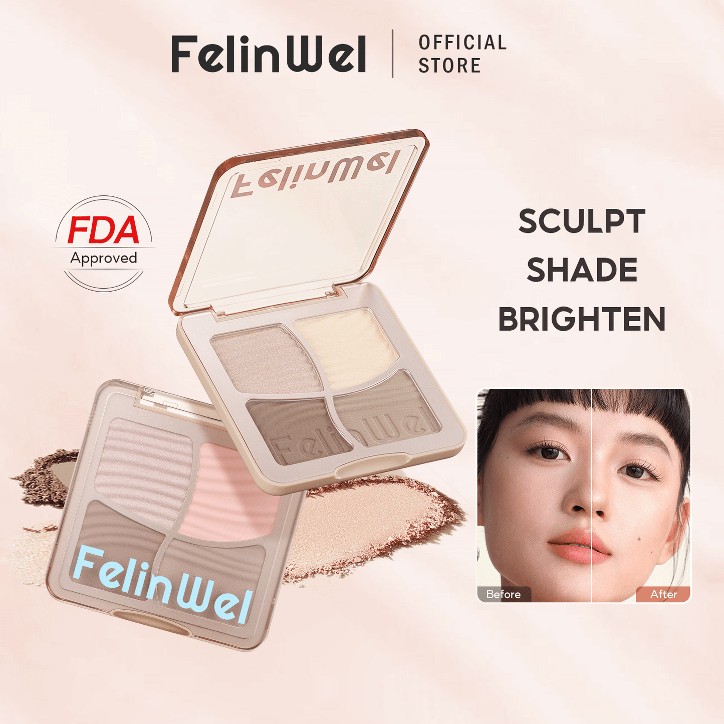 FelinWel 4 Farben Highlighter Contour Palette Makeup 3D Bronzer Matte Contour Powder 
