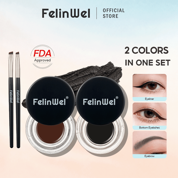 FelinWel 2-Farben-Gel-Eyeliner- und Augenbrauen-Set mit 2 Pinseln, wasserfest, wischfest 