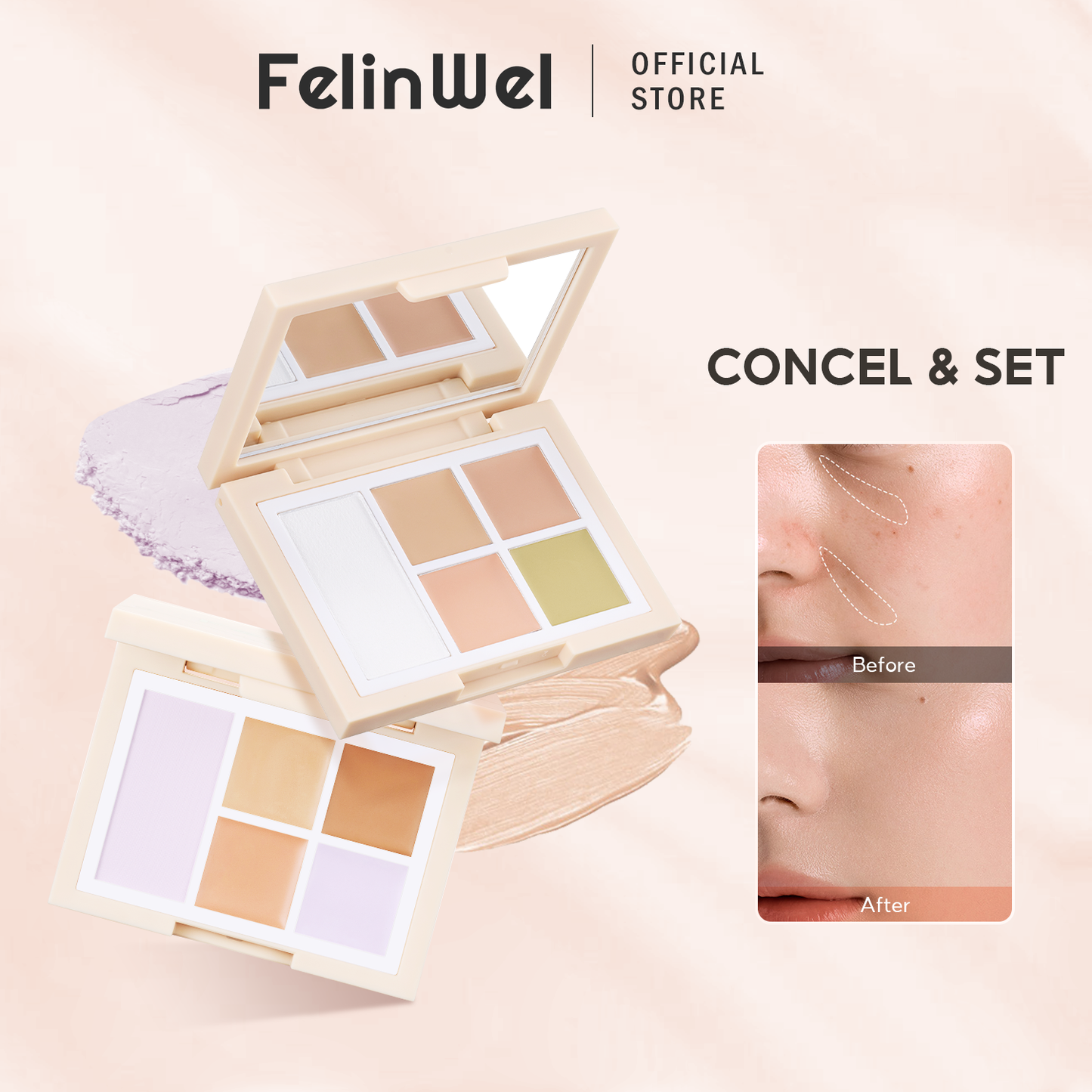 FelinWel Color Corrector Palette for Dark Circles, Redness & Blemishes, Creamy Concealer + Setting Powder with Hydrating Ingredients, 12H Crease-Proof Wear