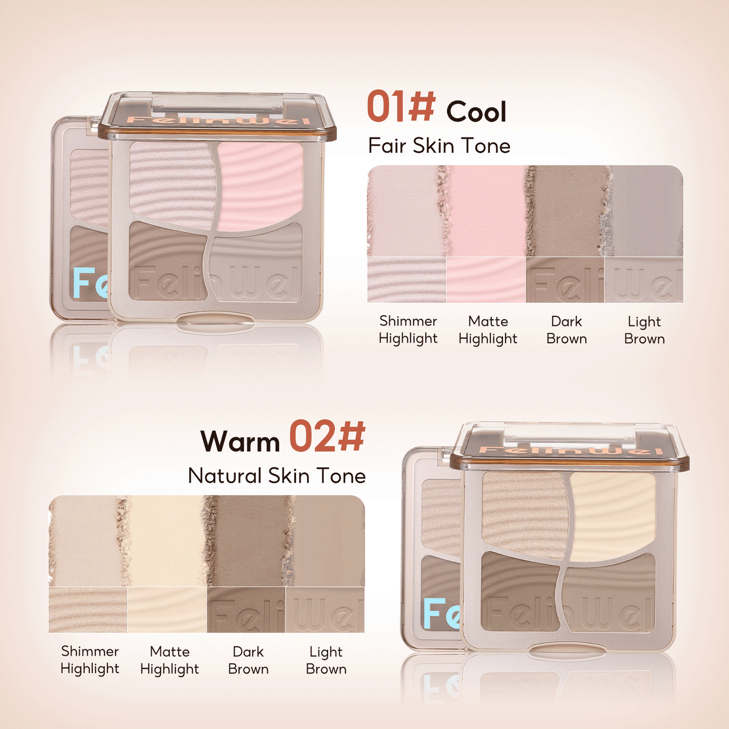 FelinWel 4 Farben Highlighter Contour Palette Makeup 3D Bronzer Matte Contour Powder 