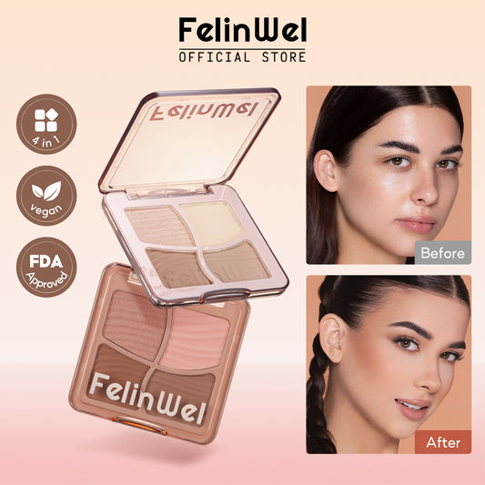 FelinWel 4 Farben Highlighter Contour Palette Makeup 3D Bronzer Matte Contour Powder 