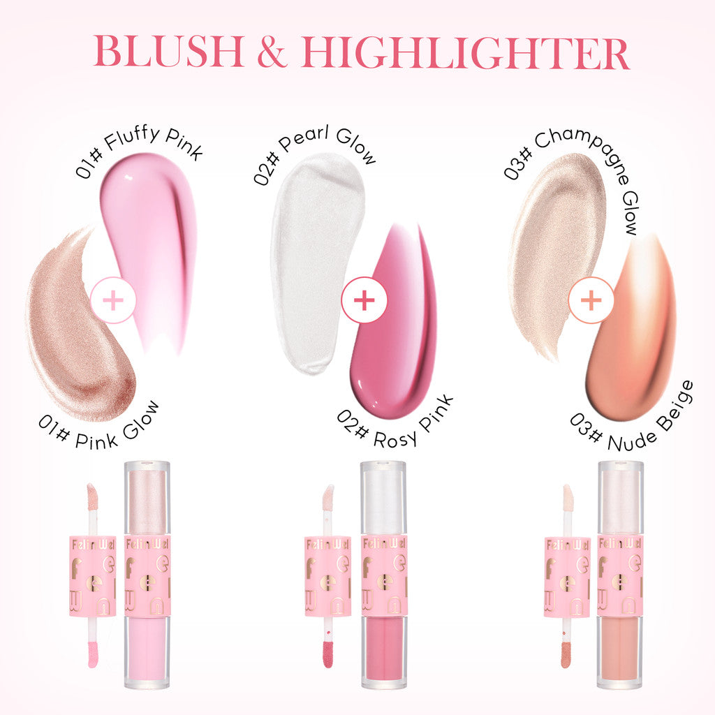 FelinWel Super Dewy Blush & Highlighter, Dual-ended Stick, Liquid, Weightless, Blendable, Dewy Glow
