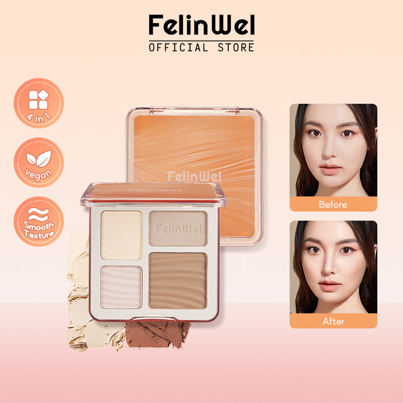 FelinWel 4 Farben Highlighter Contour Palette Makeup 3D Bronzer Matte Contour Powder 